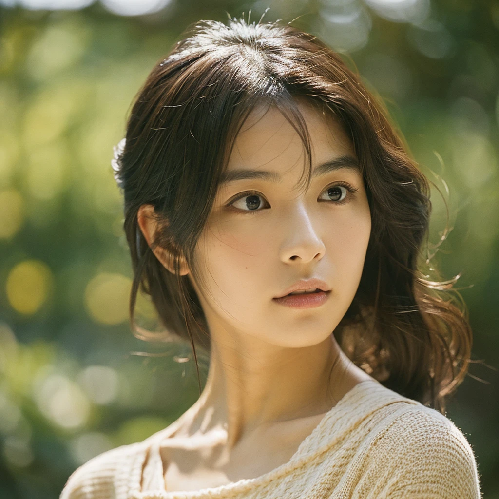 A hyper-realistic image of a single Japanese woman in her early 20s, captured with the nostalgic warmth and subtle graininess of a film camera. Her skin has a warm beige tone with a natural, slightly rough texture that includes visible pores, fine lines, and subtle imperfections such as small blemishes, adding to the authenticity of her appearance. The soft, diffused natural light enhances the film-like quality, casting gentle shadows that create a timeless, organic feel. Her straight, glossy black hair frames her face in a natural, slightly tousled manner, and her deep brown eyes reflect the ambient light, adding depth and emotion. The film camera effect introduces a slight grain and a softer focus, giving the image a warm, nostalgic atmosphere while maintaining the realistic texture of her skin. She is dressed simply, in a way that complements her natural beauty, with the overall composition designed to evoke a sense of genuine, understated elegance. The use of natural light, combined with the deliberately rougher texture of her skin and the film-like qualities, ensures that this image captures the imperfections that make her beauty truly lifelike, focusing solely on this one individual.