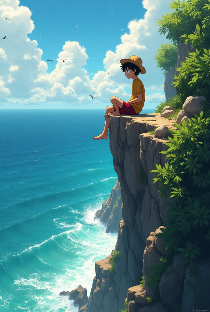 Create an image of Luffy sitting on a cliff as a child