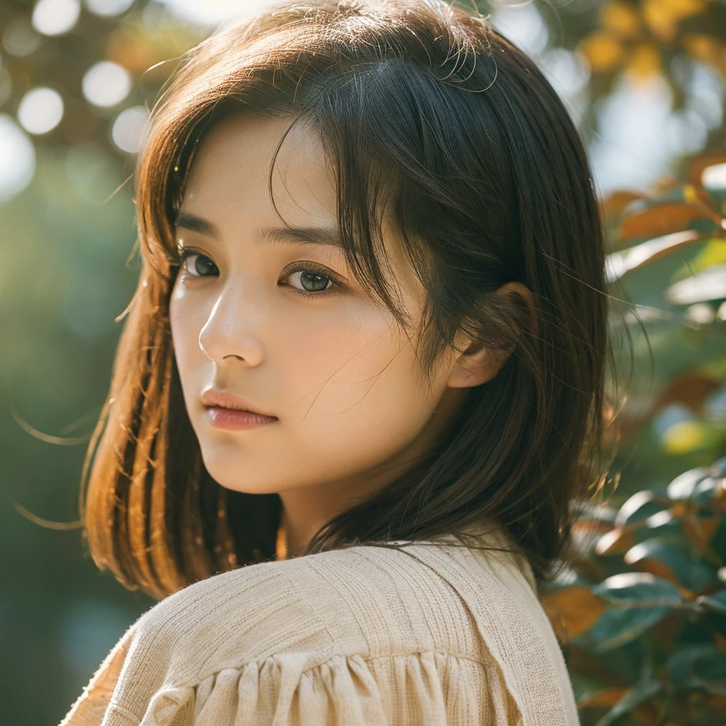A hyper-realistic image of a single Japanese woman in her early 20s, captured with the nostalgic warmth and subtle graininess of a film camera. Her skin has a warm beige tone with a natural, slightly rough texture that includes visible pores, fine lines, and subtle imperfections such as small blemishes, adding to the authenticity of her appearance. The soft, diffused natural light enhances the film-like quality, casting gentle shadows that create a timeless, organic feel. Her straight, glossy black hair frames her face in a natural, slightly tousled manner, and her deep brown eyes reflect the ambient light, adding depth and emotion. The film camera effect introduces a slight grain and a softer focus, giving the image a warm, nostalgic atmosphere while maintaining the realistic texture of her skin. She is dressed simply, in a way that complements her natural beauty, with the overall composition designed to evoke a sense of genuine, understated elegance. The use of natural light, combined with the deliberately rougher texture of her skin and the film-like qualities, ensures that this image captures the imperfections that make her beauty truly lifelike, focusing solely on this one individual.