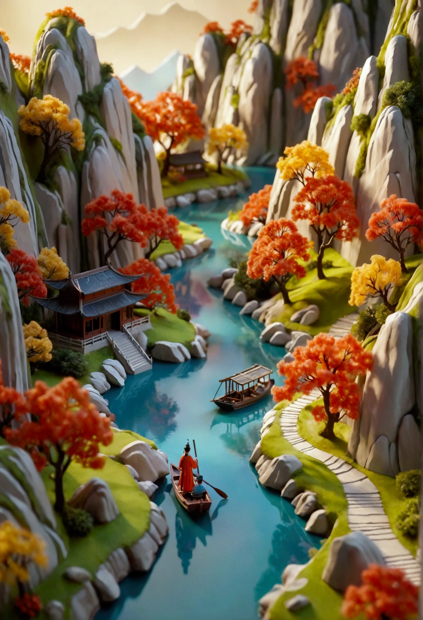 (3D Art,3D Style), Colorful mountains and rivers,蜿蜒的river,Small boat,There is a path on the mountain,There is a small house,(Aesthetics and aesthetics:1.2),Solid color background,miniature photography,Chinese ancient architectural landscape,Chinese landscape painting,Creamy organic fluid,theme,(C4D,OC Rendering),Natural light,jungle,river,Fall,Small pavilion on the mountain