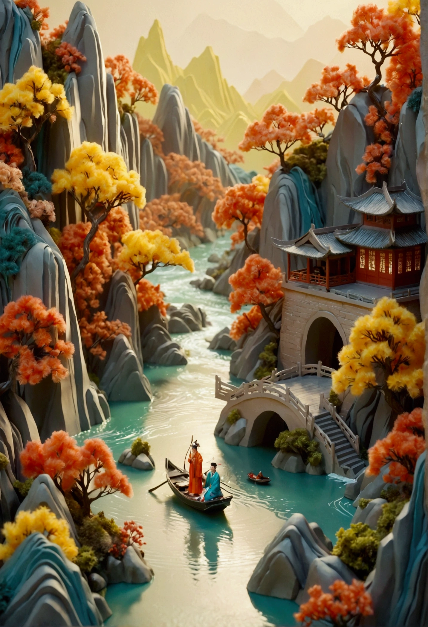 (3D Art，3D Style), Colorful mountains and rivers，蜿蜒的river，Small boat，There is a path on the mountain，There is a small house，(Aesthetics and aesthetics:1.2)，Solid color background，miniature photography，Chinese ancient architectural landscape，Chinese landscape painting，Creamy organic fluid，theme，(C4D，OC Rendering)，Natural light，jungle，river，Fall，Small pavilion on the mountain