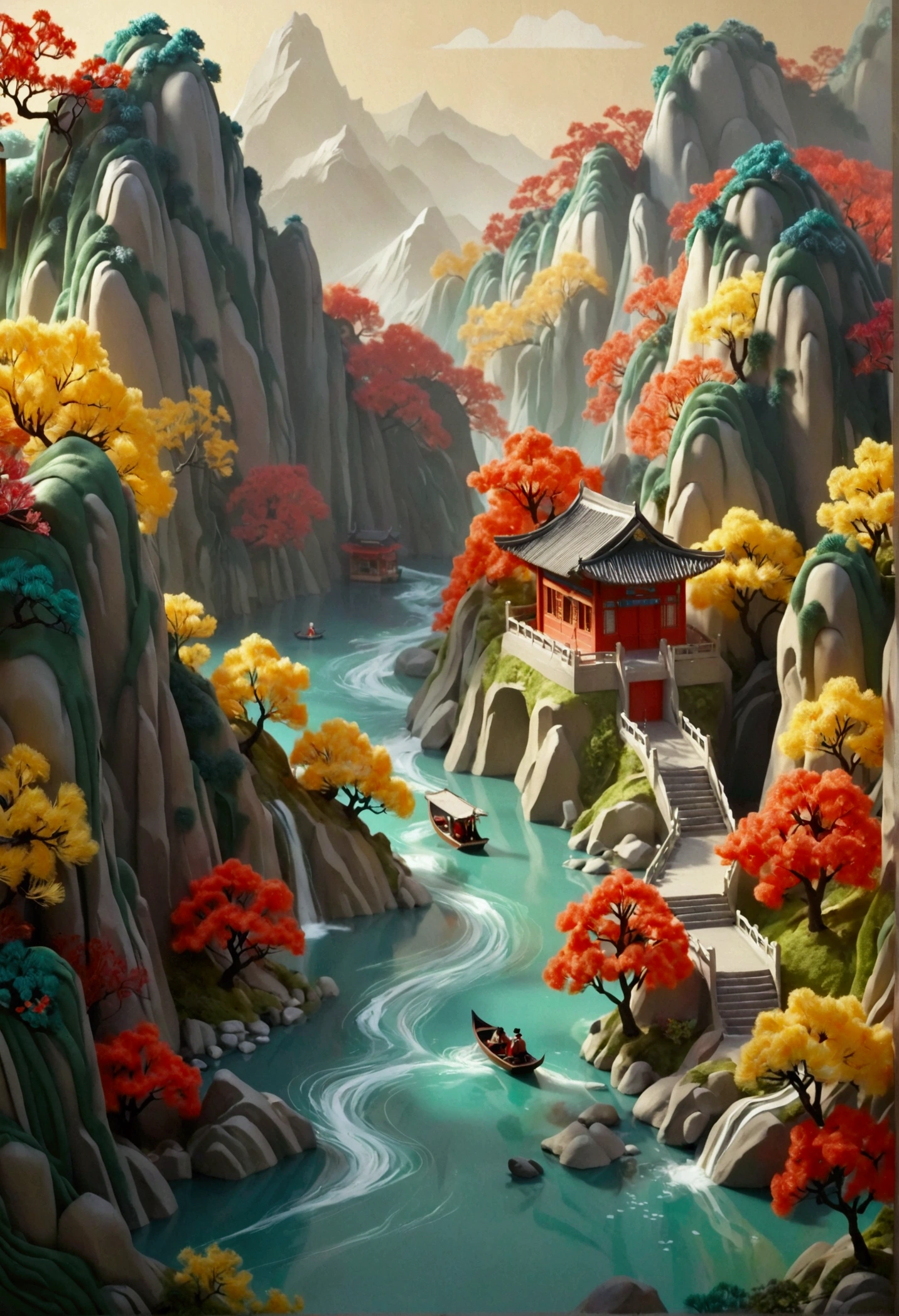 (3D Art，3D Style), Colorful mountains and rivers，蜿蜒的river，Small boat，There is a path on the mountain，There is a small house，(Aesthetics and aesthetics:1.2)，Solid color background，miniature photography，Chinese ancient architectural landscape，Chinese landscape painting，Creamy organic fluid，theme，(C4D，OC Rendering)，Natural light，jungle，river，Fall，Small pavilion on the mountain