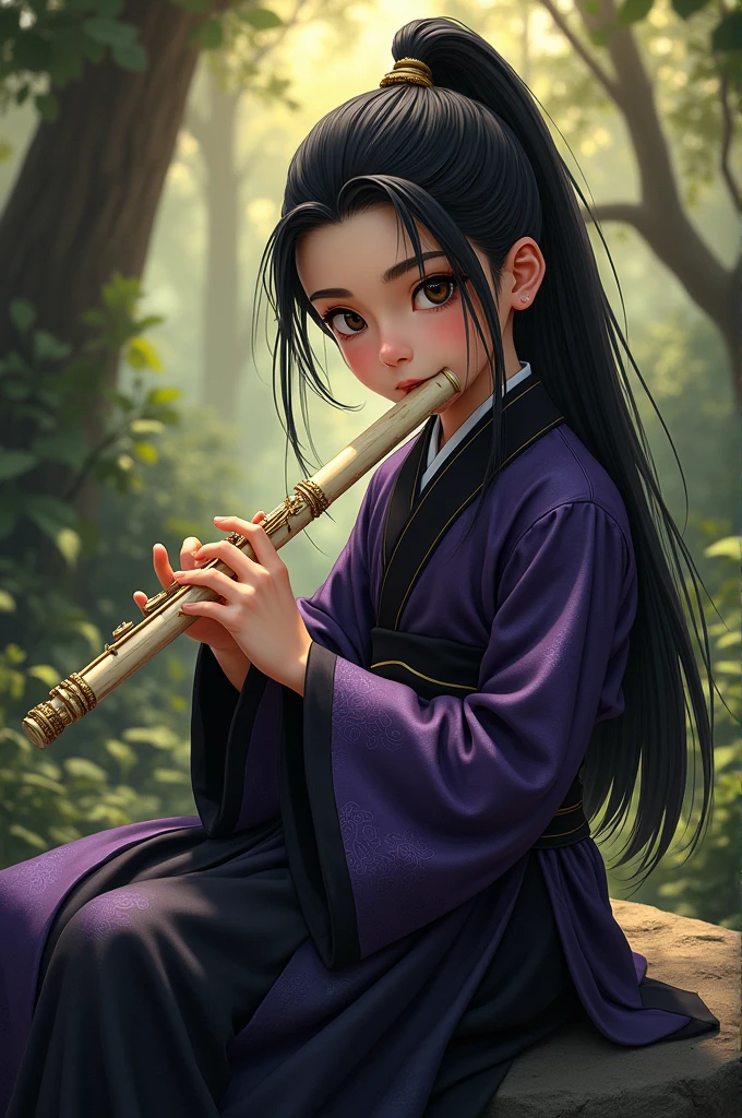 attractive boy, ebony black eyes shining, Very long jet black hair tied back in a ponytail, Black Hambok with purple rectilinear leather print, black belt with gold lines, holding a flute of immaculate ivory, sitting on a smooth stone, dark forest background, bright sun.