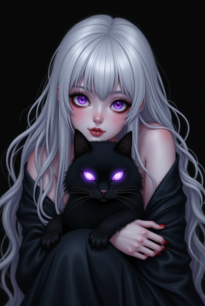 sexy woman lying in black background, with a black cat in his hands, With whites, long hair, with bangs and chubby cheeks, with light purple eyes, without spark and pupils, in the style of drawing
