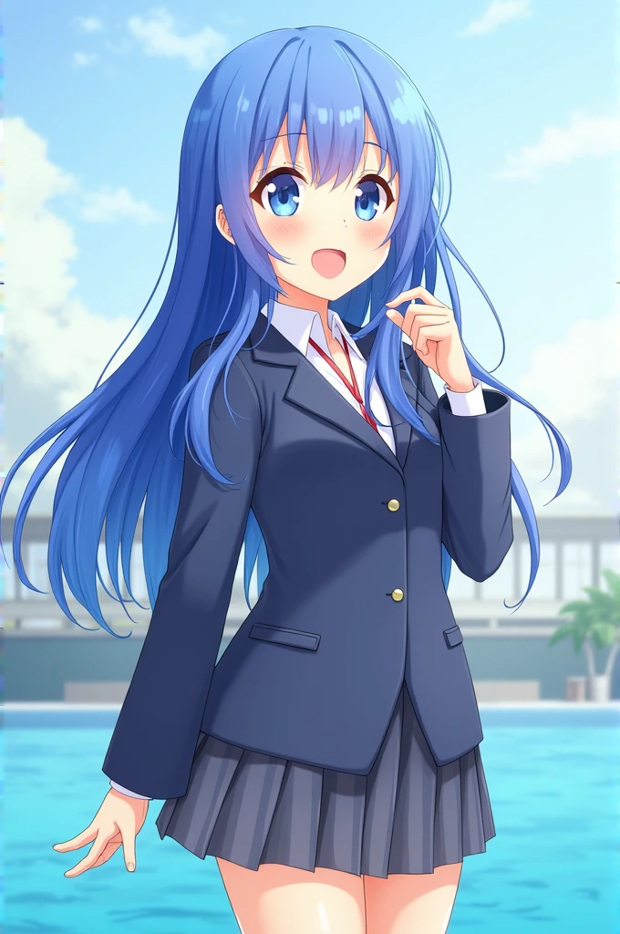 Wallpaper:anime has long blue hair blue eyes and happy face wears a school uniform