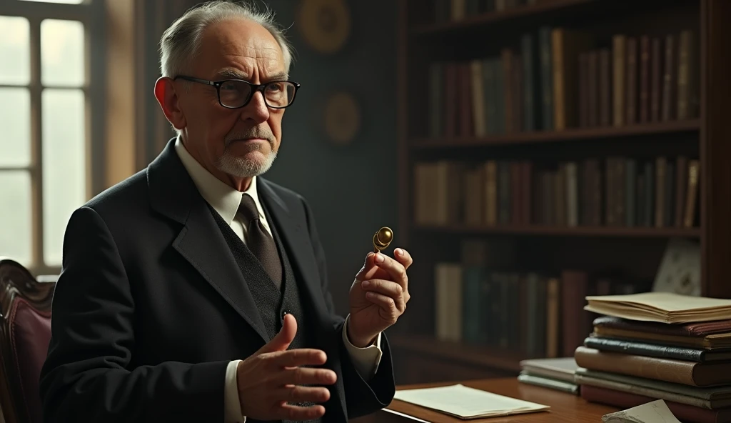 An elderly man with a serene and contemplative expression is thin. He has short, dark hair, slightly balding in the front, slightly graying, no beard, and wears a classic 1930s suit, with small, square, prescription glasses and a discreet tie. Cayce is standing next to a vintage-looking chair in a setting reminiscent of an old-fashioned office, with books and papers in the background. The soft, diffuse lighting highlights his face, conveying an aura of wisdom and introspection. In one hand, he holds a prophecy object, symbolizing his knowledge and psychic abilities. The scene has a nostalgic and mysterious tone, reflecting the enigmatic nature of his predictions and readings. talking to 1 person