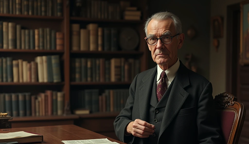 An elderly man with a serene and contemplative expression is thin. He has short, dark hair, slightly balding in the front, slightly graying, no beard, and wears a classic 1930s suit, with small, square, prescription glasses and a discreet tie. Cayce is standing next to a vintage-looking chair in a setting reminiscent of an old-fashioned office, with books and papers in the background. The soft, diffuse lighting highlights his face, conveying an aura of wisdom and introspection. In one hand, he holds a prophecy object, symbolizing his knowledge and psychic abilities. The scene has a nostalgic and mysterious tone, reflecting the enigmatic nature of his predictions and readings. talking to 1 person
