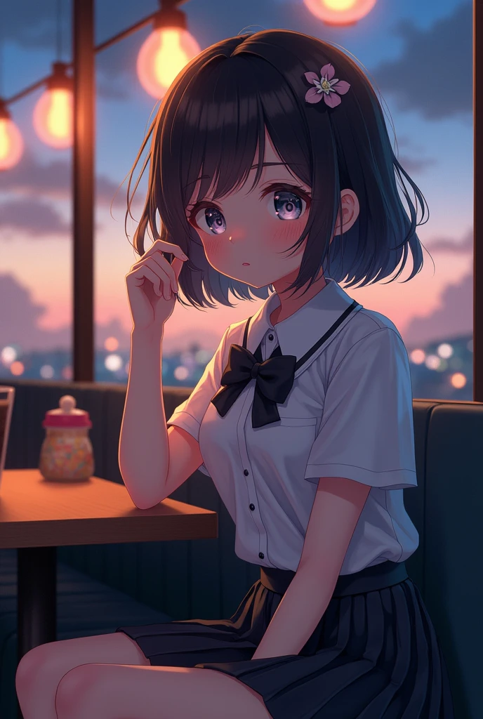 (8k, RAW photo, best quality, masterpiece:1.2), (realistic, photo-realistic:1.37), ultra-detailed, 1 girl,cute, solo,beautiful detailed sky,detailed cafe,night,sitting,dating,(nose blush),(smile:1.1),(closed mouth), medium breasts,beautiful detailed eyes,(collared shirt:1.1), bowtie,pleated skirt,(short hair:1.2),floating hair