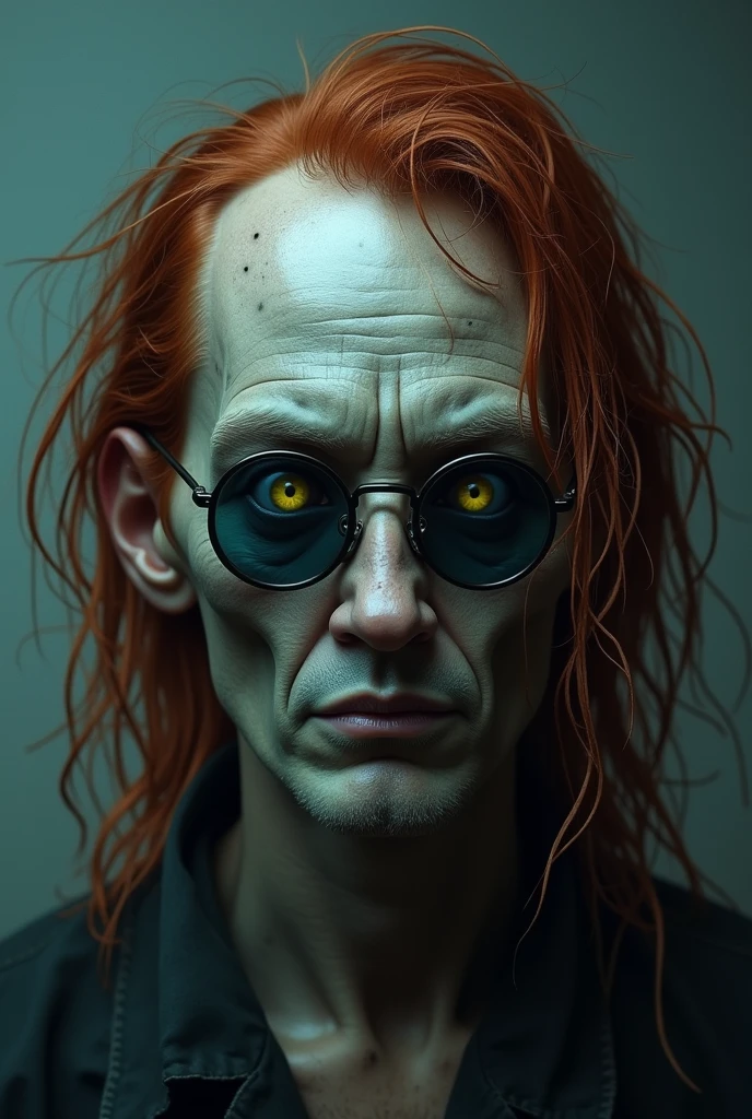 realistic portrait, horror, Cool tones, man 30 years old, long greasy tangled red hair, freckles, gray skin, old-fashioned glasses with dark blue lenses, yellow eyes
