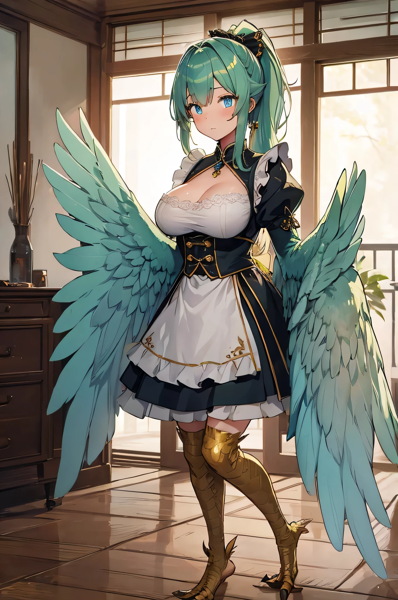 4K,High resolution,One Woman,Harpy,Green Hair,Long Ponytail,Blue eyes,Big Breasts,White Wings,Golden toenails,maid,White maid&#39;s clothes,Jewelry decoration,Medieval town