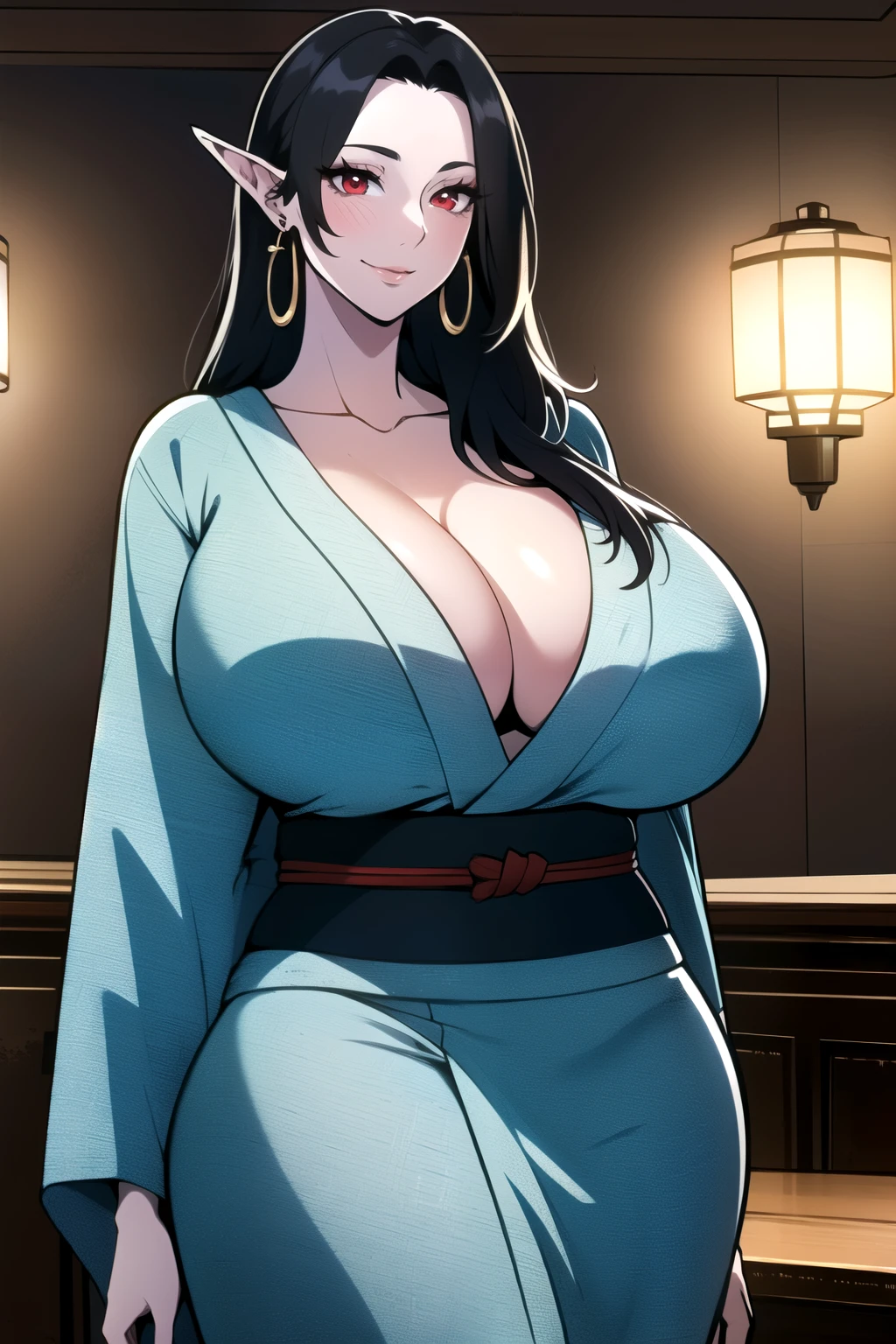 ultra realistic 8k cg, masterpiece, ((ultra detailed background, intricate detail, highly detailed, fine details best quality, hyperdetailed face)), gigantic breasts ,beautiful lighting, absurdres, BoaHancockV2, 1girl, solo, (black hair), long hair, jewelry, closed mouth, ), cleavage, (short kimono : 1.1), (cleavage),, curvy, midriff, curvy, thighs, shiny clothes), red eyes, complex detailed background, indoor, palace), ((cowboy shot)), curvy, (gigantic breasts: 1.1), seductive smile, cowboy shot, earrings, jewelry, elf ears