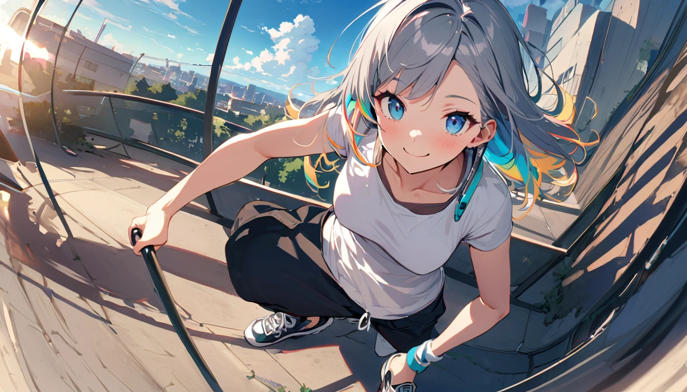 HD 8k , Lonely, 1 female, , Gray Hair, Rainbow Hair, blue eyes, Headphones, Hip Hop Dance, White Big T-Shirt, sneakers, human center, Outdoor, blue sky, White cloud, wall, Panoramic view from above, Happy, smile