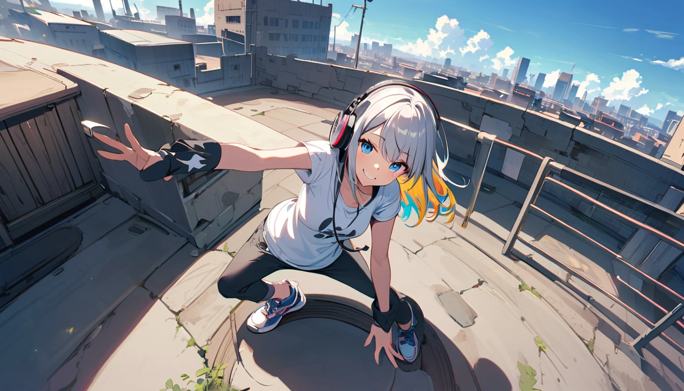 HD 8k , Lonely, 1 female, , Gray Hair, Rainbow Hair, blue eyes, Headphones, Hip Hop Dance, White Big T-Shirt, sneakers, human center, Outdoor, blue sky, White cloud, wall, Panoramic view from above, Happy, smile