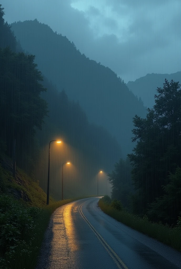 Heavy rain outside in the mountain with 2 Street light. showing.in Tennessee smoky mountain. No people and no person.