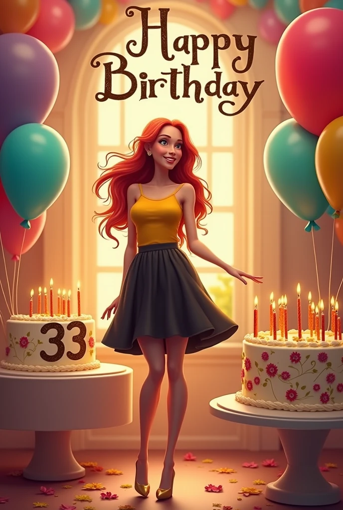 Long red haired girl with yellow tank top, black skirt and beige heels with birthday cake with candles number 33 and balloons and birthday sign