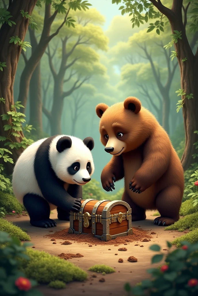 Make a picture of a panda bear and a brown bear digging in the ground finding a small chest