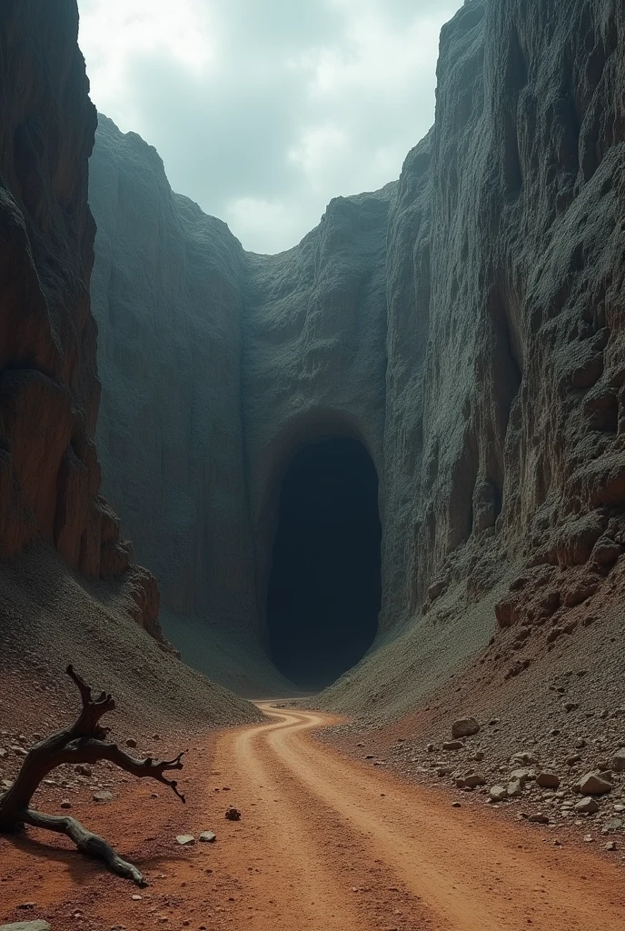 Dark gray arid dry african valley closeup look dusty ground dried tree rock walls canyon walls huge cave enterance with dark stromy clouds in tanzania