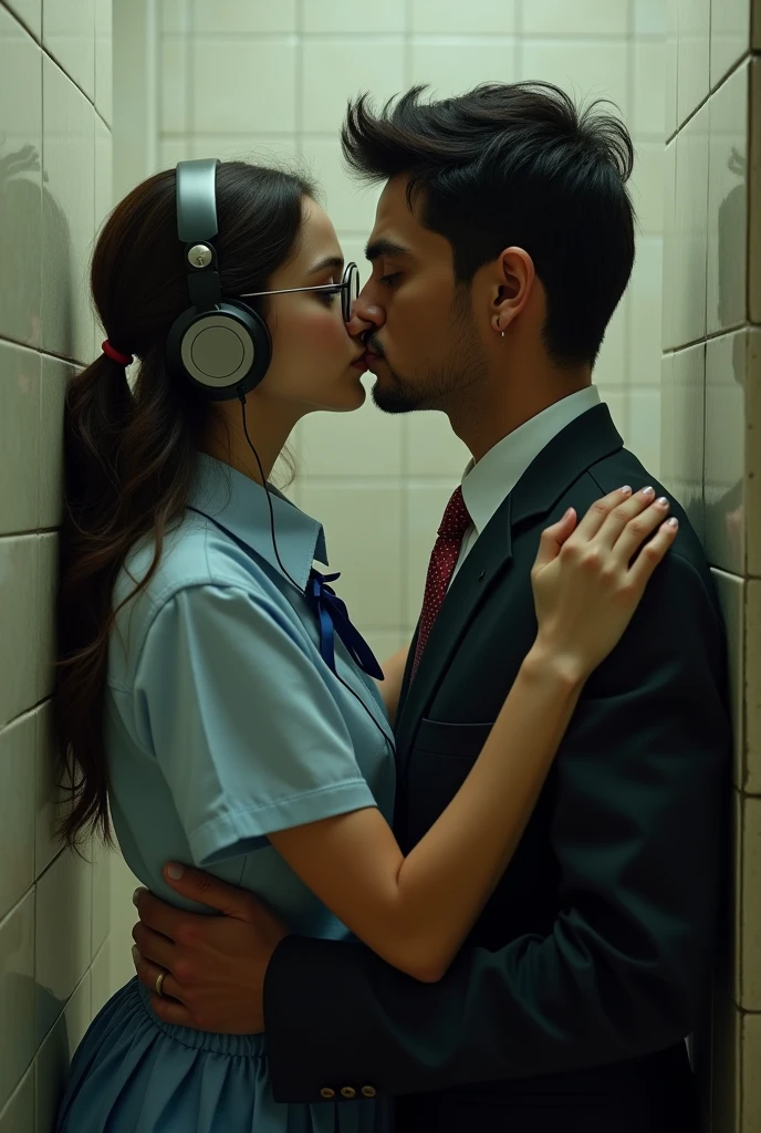Beautiful girl in wearing school uniform headphone and glasses kisses Indian men in bathroom