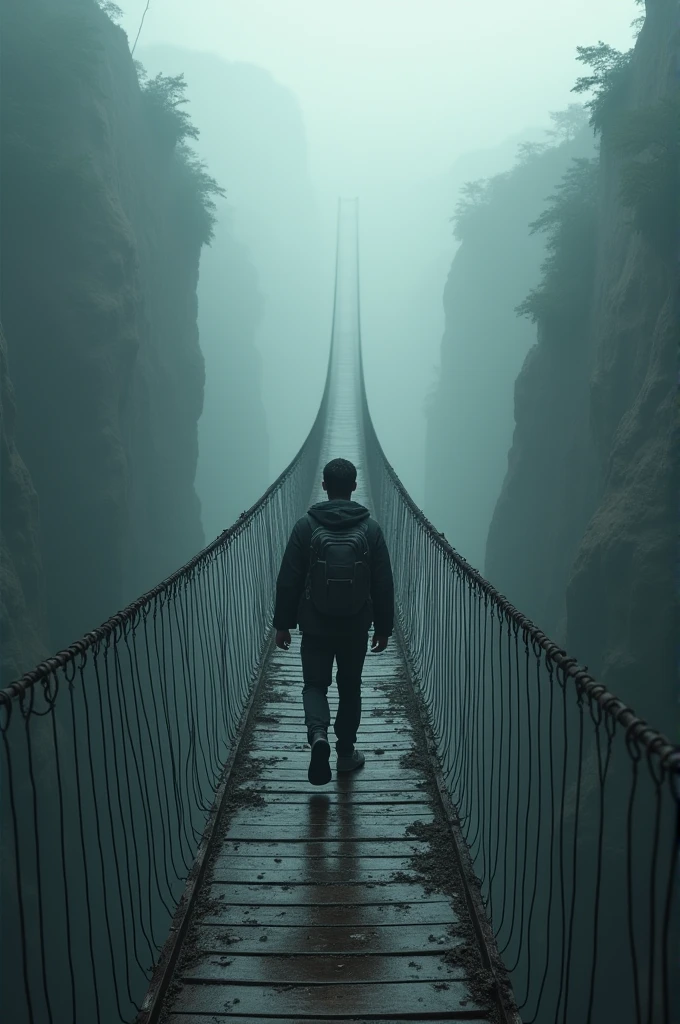 suspension bridge**: Someone crossing a bridge over an abyss, Illustrating the act of facing the unknown with the camera behind him