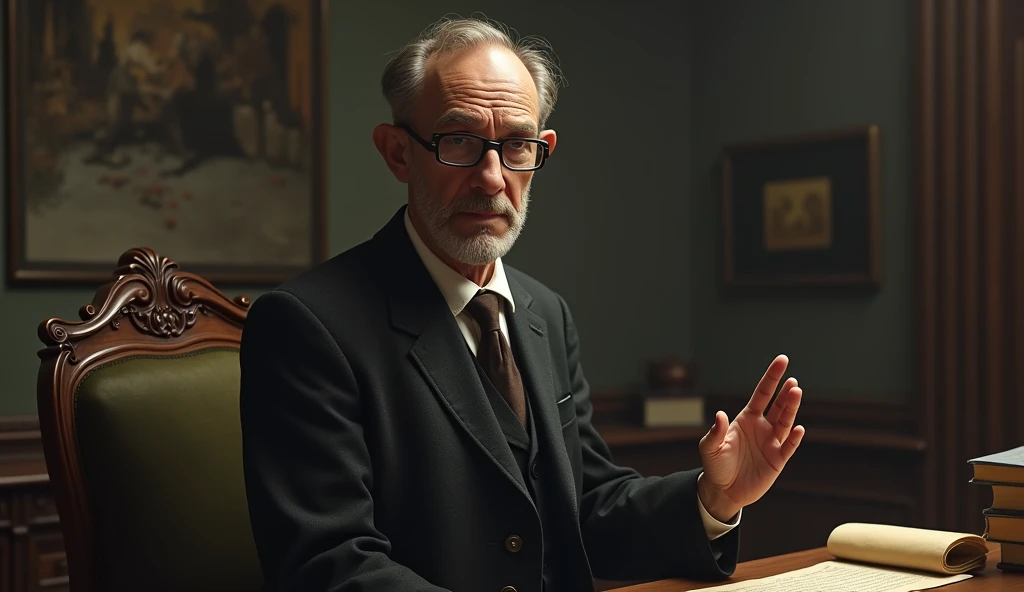 An elderly man with a serene and contemplative expression is thin. He has short, dark hair, slightly balding in the front, slightly graying, no beard, and wears a classic 1930s suit, with small, square, prescription glasses and a discreet tie. Cayce is standing next to a vintage-looking chair in a setting reminiscent of an old-fashioned office, with books and papers in the background. The soft, diffuse lighting highlights his face, conveying an aura of wisdom and introspection. In one hand, he holds a prophecy object, symbolizing his knowledge and psychic abilities. The scene has a nostalgic and mysterious tone, reflecting the enigmatic nature of his predictions and readings. talking to 1 person