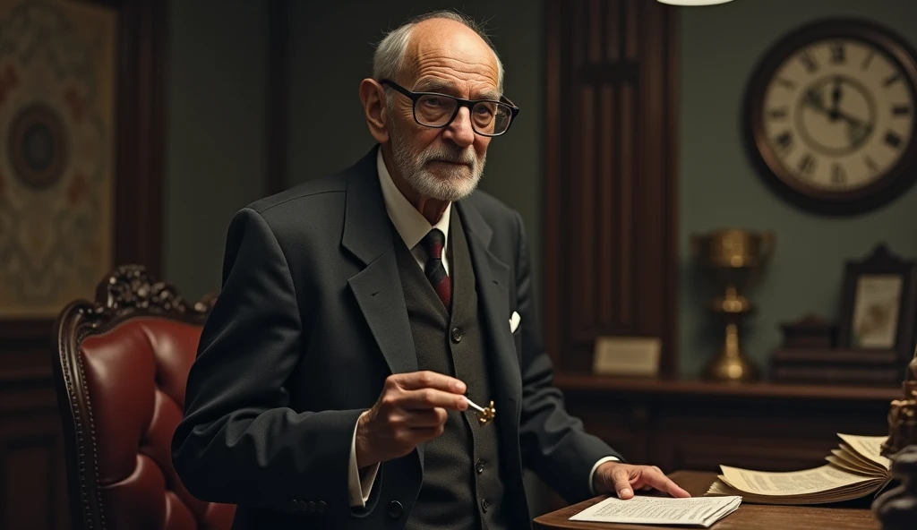 An elderly man with a serene and contemplative expression is thin. He has short, dark hair, slightly balding in the front, slightly graying, no beard, and wears a classic 1930s suit, with small, square, prescription glasses and a discreet tie. Cayce is standing next to a vintage-looking chair in a setting reminiscent of an old-fashioned office, with books and papers in the background. The soft, diffuse lighting highlights his face, conveying an aura of wisdom and introspection. In one hand, he holds a prophecy object, symbolizing his knowledge and psychic abilities. The scene has a nostalgic and mysterious tone, reflecting the enigmatic nature of his predictions and readings. talking to 1 person