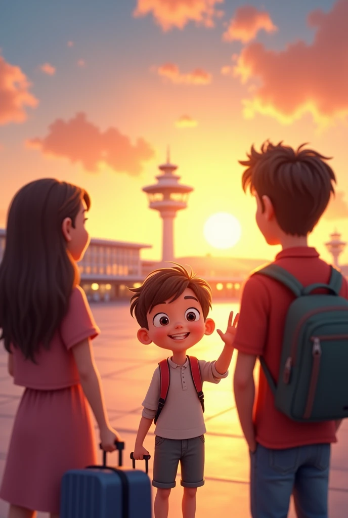 animated boy is standing with bright smile on face in sunset outside of airport with luggage bag and saying good bye to his mother , father and sister . Show pov from parents boys is front of them and airport is even behind the boy