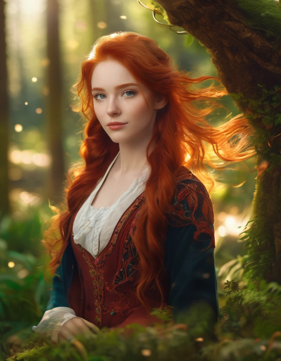 (( 1 girl, extremely beautiful, high resolution, 16K, high qualiy, super verbose, Stay in a magical park, magic forest, red long sleeves, long redhead hair, hyper realist, beautiful face, Circle Colored Eyes,