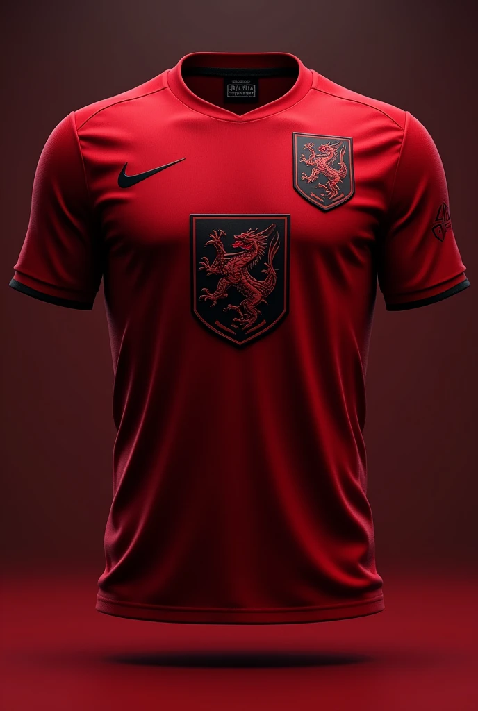 dark red shirt. football team style. dragon on the shield with the name Sanguinários and Physical Education 2021.1. The front of the plain shirt, only with the coat of arms of the Sanguinaries