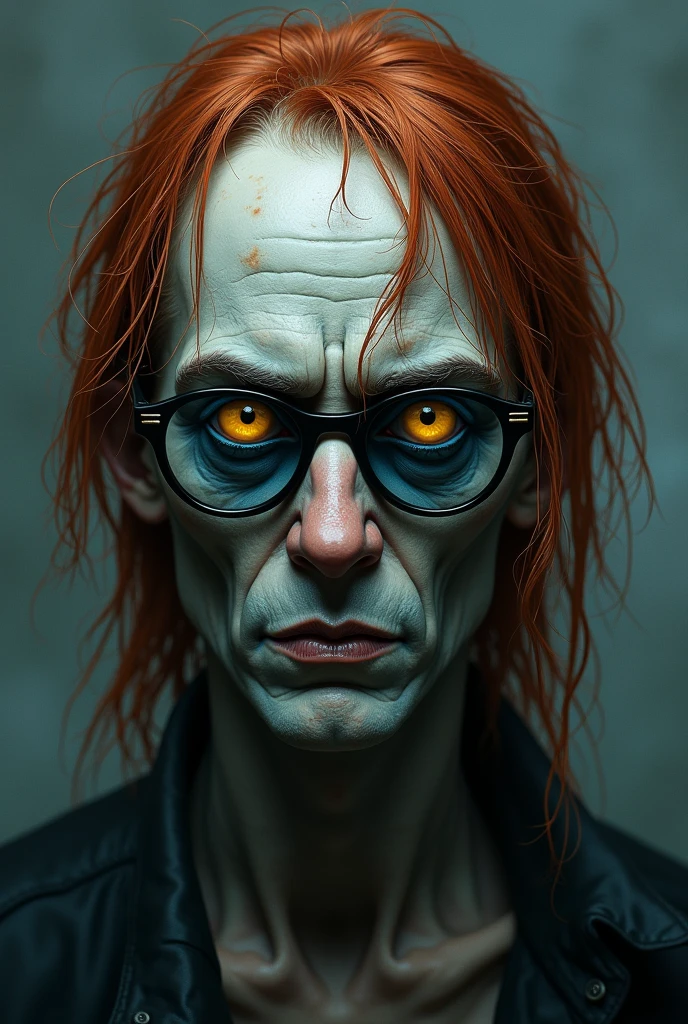 realistic portrait, horror, Cool tones, man 30 years old, long greasy tangled red hair, freckles, gray skin, old-fashioned glasses with dark blue lenses, yellow eyes