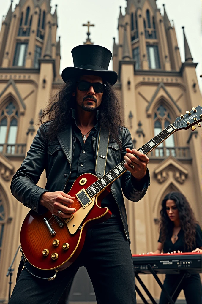 Realistic image of a man with a top hat and long hair, slash style playing guitar in front of a church, next to a woman playing the keyboard