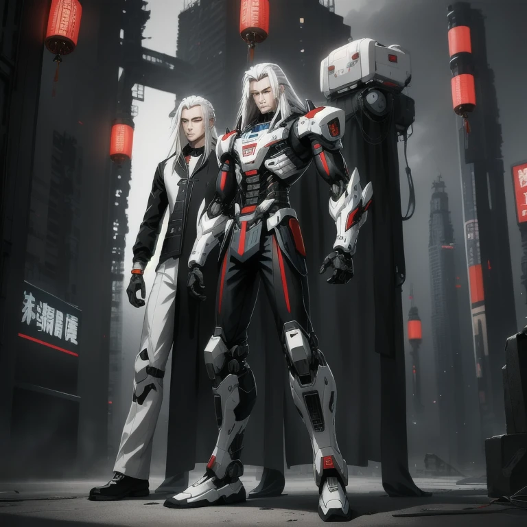 Men, chinese style, long  white hair, cyber punk, vintage clothing, High definition, Mecha, whole body,