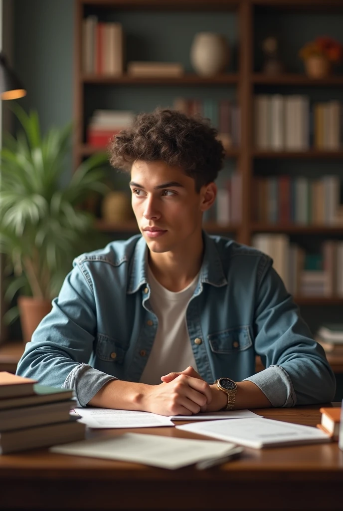 (photorealism:1.2), sitting at his desk studying while thinking and visualizing his future graduating from college.