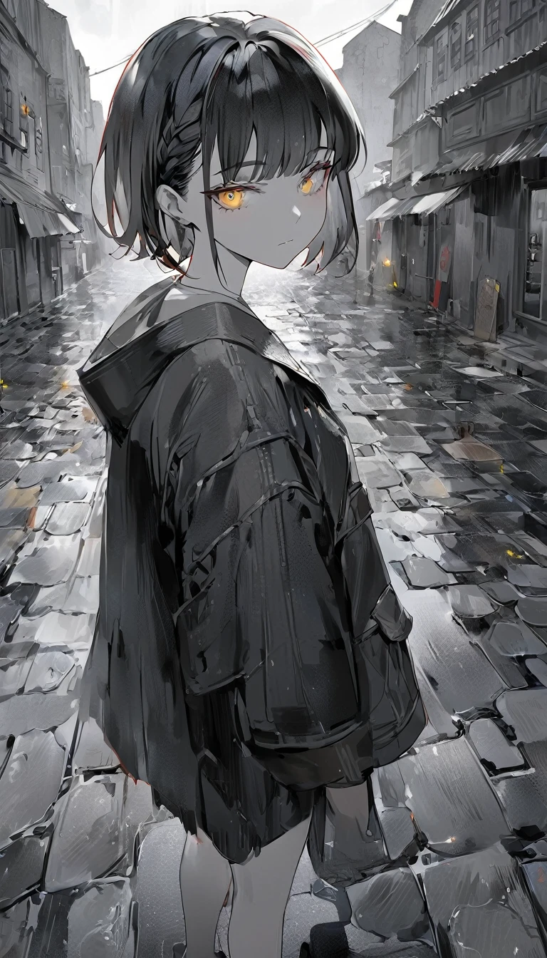 (anime style: 1.4), soft painterly touches, High resolution, Attention to details, high quality, 4k, 8K, stone road, after the rain, anime girl, yellow eyes, short hair, dark blue hair, clothing adventurer, gray scale color effect, full body, ruined Celtic city background