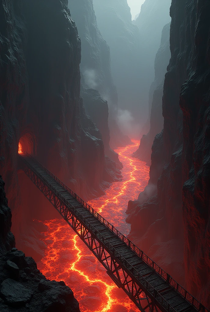 A dark cave with a cliff and a river of lava and a long, rusty iron bridge. connecting the exit of the cave and the other part of the cave with the exit to a mountain.