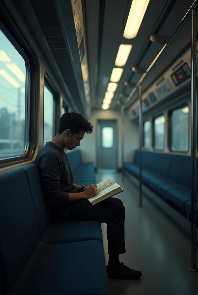 18 year old man with Colombian characteristics, who finds himself sitting alone on a train reading a book, where he and the destination indicator stand out, where the vanishing point is evident