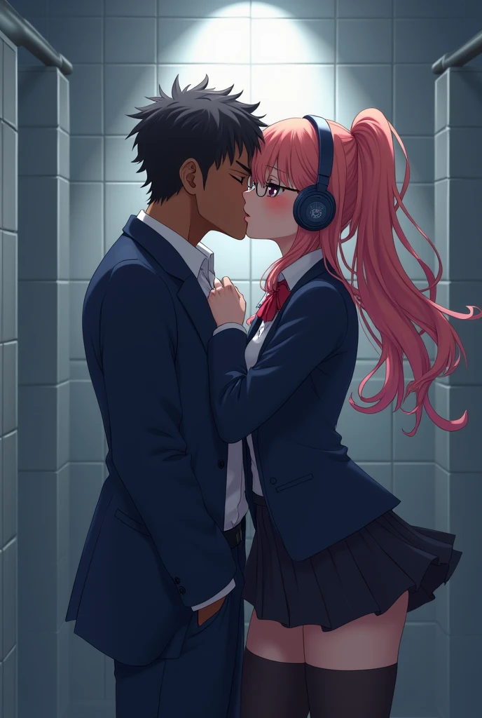 Beautiful anime girl in wearing school uniform headphone and glasses kisses Indian men in bathroom