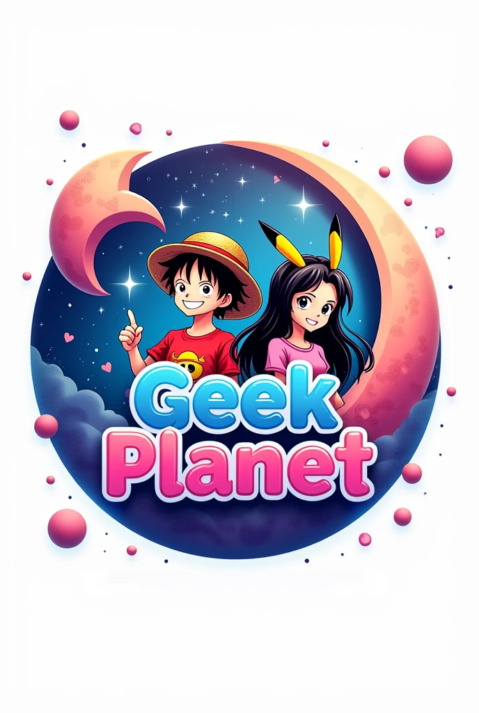 Un logo con un 🌎 en el fondo, with stars, heart and a crescent moon (pink and purple colors), In the front there are some anime figures of a boy with curly hair and a girl with long black hair wearing t-shirts and Pikachu ears or a straw hat. (Luffy de one piece), the name of Geek Planet in the middle of the logo (Vivid colors throughout the image) and the white background