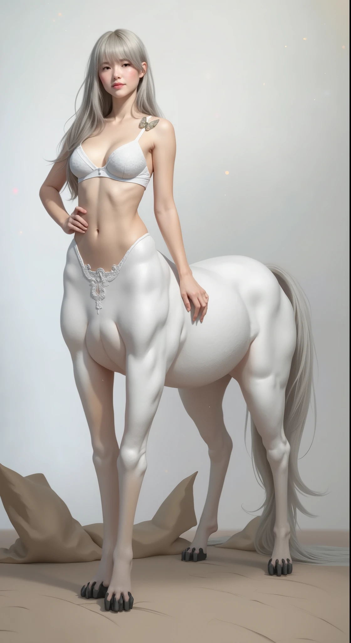 1Centaur Girl，Four legs，Leopard print underwear，Leopard-print clothing，Leopard print，Crystal high heels，The whole body is dazzling and starry，（Horses have human skin.）（Flesh-colored skin (Cynthia Sheppard), Fair and shiny skin, Full body CGsociety, Beautiful full body concept art, horse, smooth Fair and translucent skin, Pretty blue butterfly hair accessories and pale porcelain skin, Gu Weiss, Fair and translucent skin, Pale skin,,Ivory white skin, Light milky white porcelain skin，（Skin tone consistency）