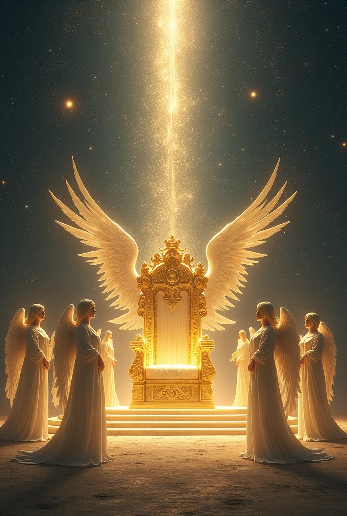 illuminated celestial space with a golden throne and angels surrounding it