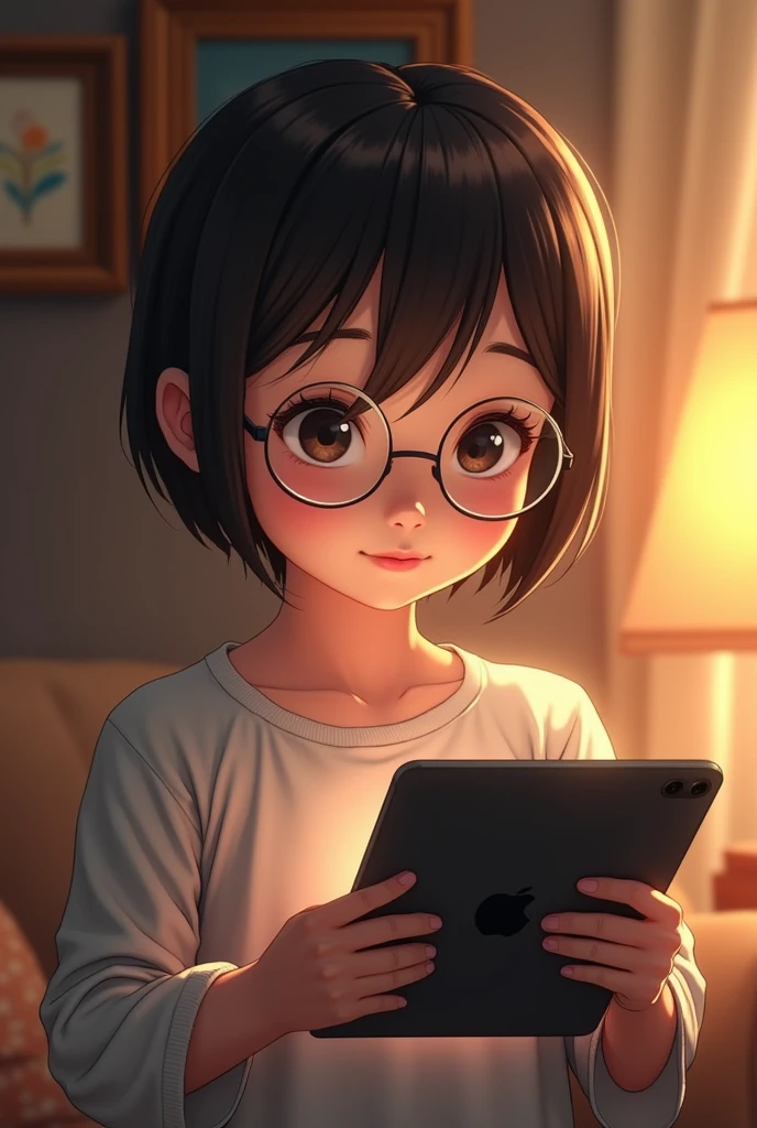 Girl, short hair, with a tablet, I would be, glasses