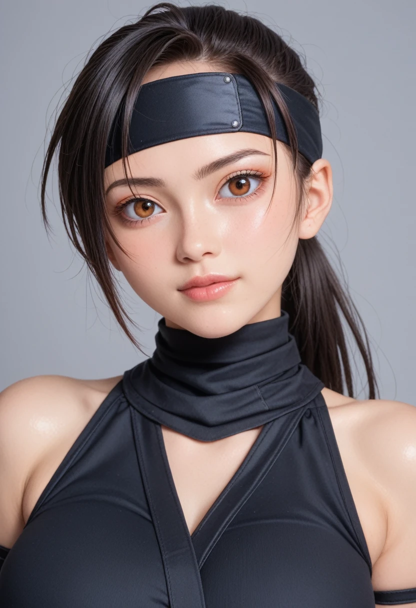 score_9,score_8_up,score_7_up,(pastel-color),(high brightness colors),Cute 20-year-old Japanese 1 girl,solo,(8k, masterpiece, ultra-detailed, best quality, ultra high res, newest, very aesthetic, absurdres, illustration, perfect composition),(hires),looking at viewer,black hair,shiny skin,fair skin,(upper body:1.5),toothless smilev,emphasizing her curvy body and large breasts,(ninja:1.5),(sexy pose:1.3)