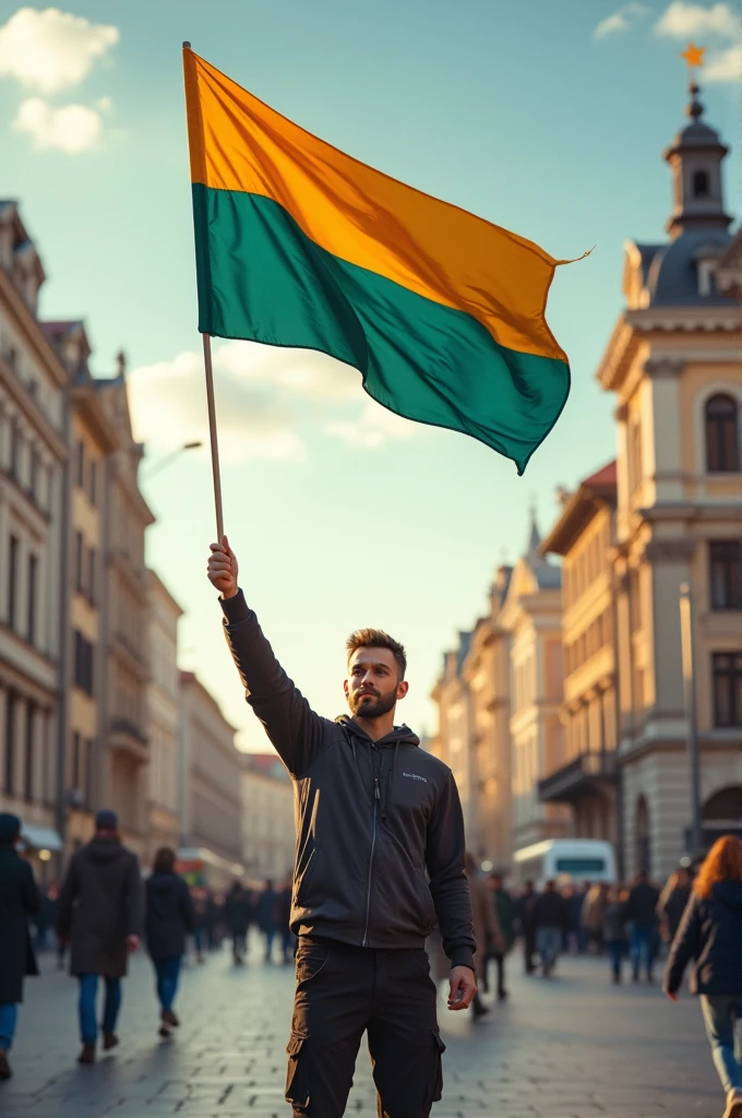 a man standing in the center of Chisinau and waving the flag of the Republic of Chisinau