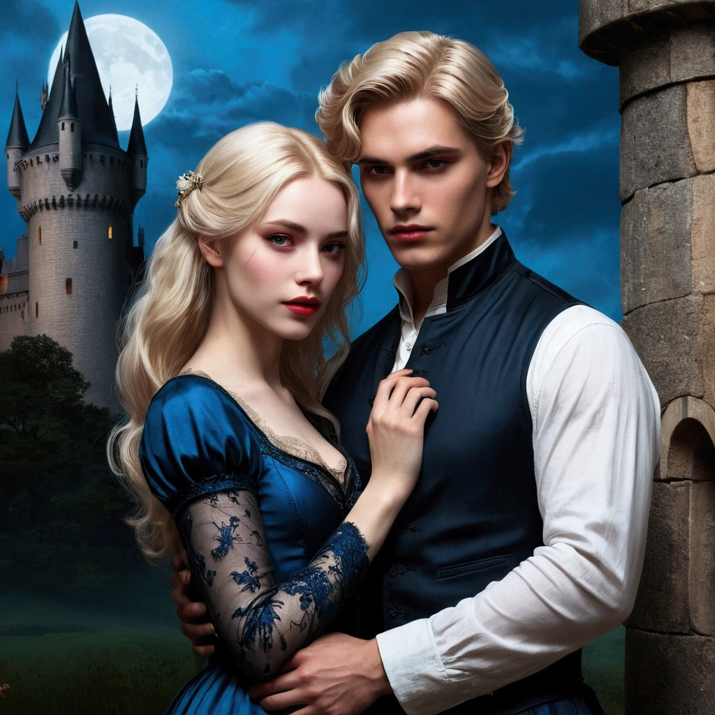 a couple of people standing next to each other in front of a castle, Edmund Blair y Charlie Bowater, romantic novel cover, charlie bowater y tom bagshaw, Charlie Bowater y Artgeem, Neoartcore y Charlie Bowater, abaddon y magali villeneuve, vampire fantasy, Charlie Bowater Style, dark fantasy style art BLUE COLORS, blonde woman, OLDER MEN OVER 30 YEARS OLD SENSUAL