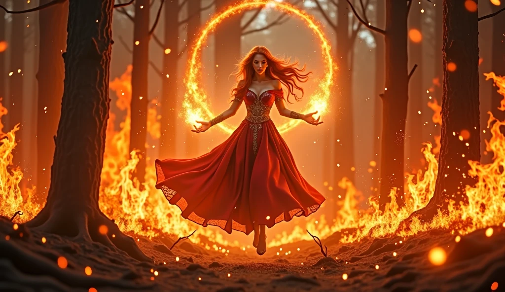 Dota2, lina inverse, floating, fire in his hands, burning forest in the background. photorealistic, 4k