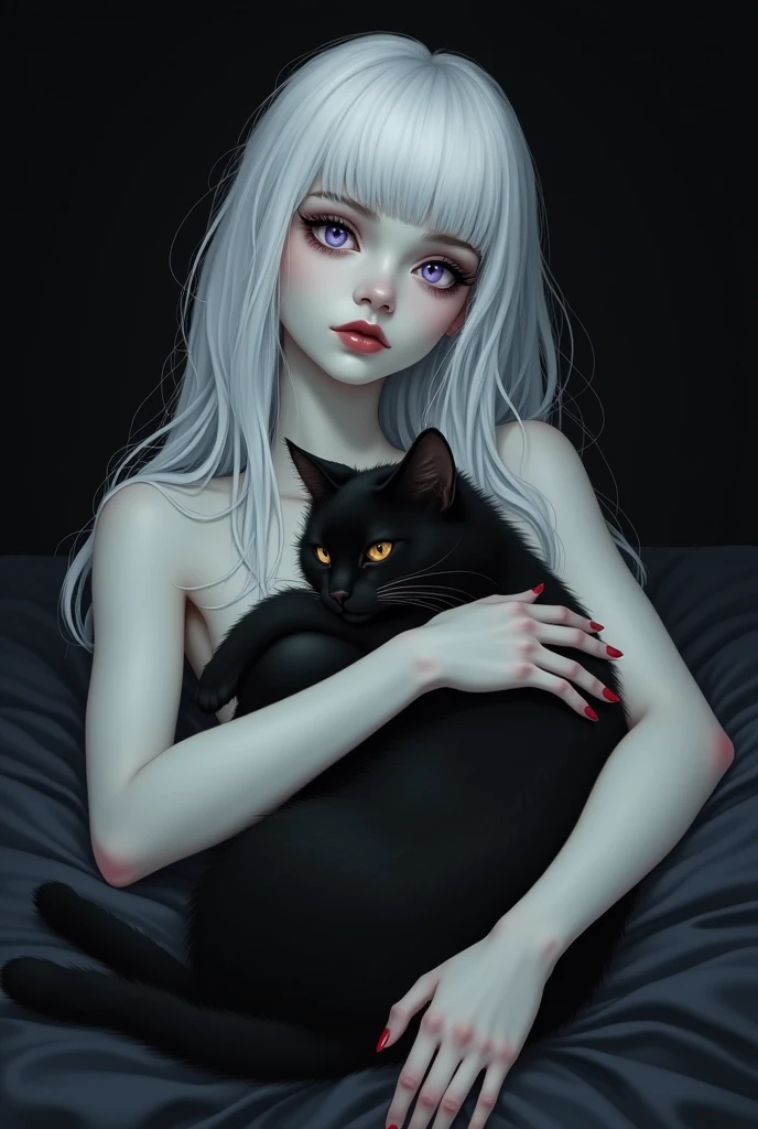 sexy woman lying in black background, with a black cat in his hands, With whites, long hair, with bangs and chubby cheeks, with light purple eyes, without spark and pupils, With whites ресницами, lifeless look, in the style of drawing