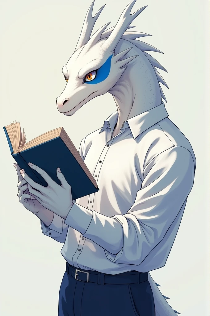Male Dragon, white and white, there is a blue oval shape on his cheek, ideal body, high school student, so OSIS, wear OSIS uniform, wear school pants, he reads a book while standing with one hand, his eyes glanced, graphic anime
