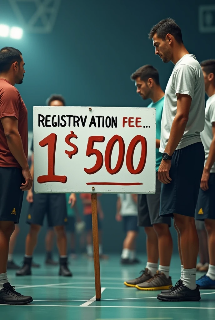An evaluation of futsal players where there is a sign saying that you have to pay 500 reais to sign up for this evaluation and next to a poor person