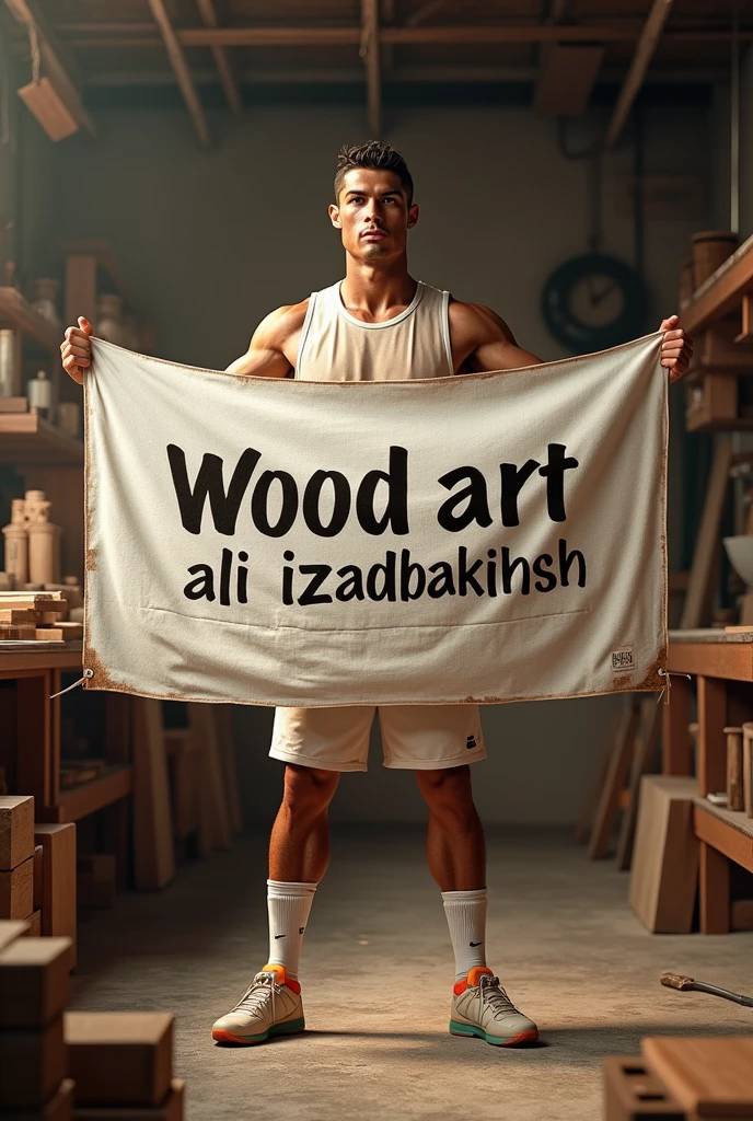 Ronaldo is in the carpentry workshop, holding a big banner with the words wood art ali izadbakhsh written on the banner