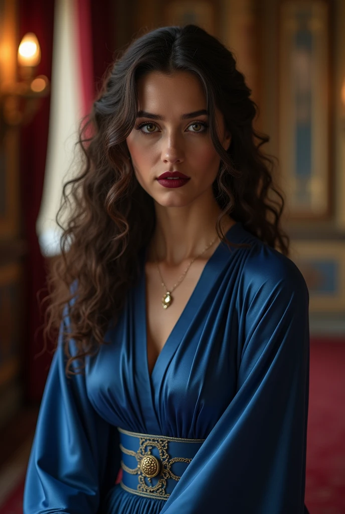 A cold black skinned woman, Oval face, curly and brown hair, olhos amendoados, full mouth, wine lipstick, dressed in a sapphire blue dress in a ballroom in the 11th century