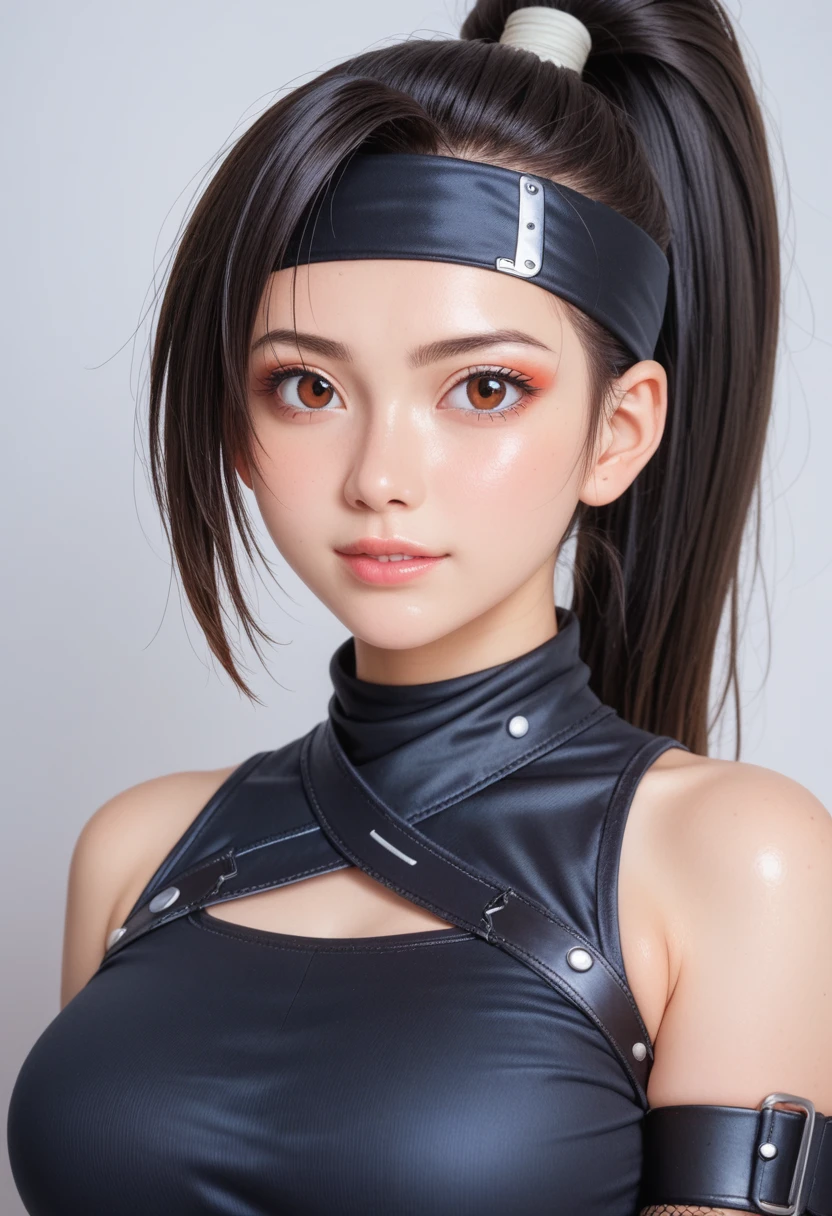 score_9,score_8_up,score_7_up,(pastel-color),(high brightness colors),Cute 20-year-old Japanese 1 girl,solo,(8k, masterpiece, ultra-detailed, best quality, ultra high res, newest, very aesthetic, absurdres, illustration, perfect composition),(hires),looking at viewer,black hair,shiny skin,fair skin,(upper body:1.5),toothless smilev,emphasizing her curvy body and large breasts,(ninja:1.5),(sexy pose:1.3)